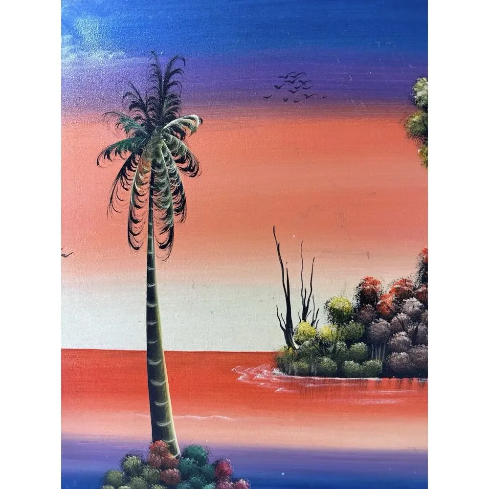 D. Roberts Jamaica Original Oil Painting Tropical Sunset Island Palm Trees 20x15 - Picture 2 of 6